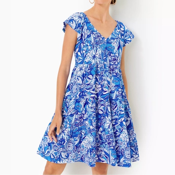LILLY PULITZER KAWAI FLUTTER SLEEVE SWING DRESS LAS OLAS AQUA STRONG CURRENT SEA - Picture 2 of 5